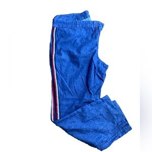 Blue Linen Capris with Red and White Stripe